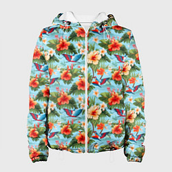 Куртка с капюшоном женская Разные гавайские цветочки, цвет: 3D-белый