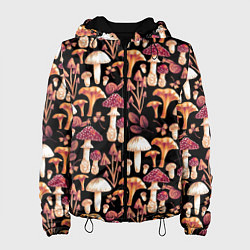 Куртка с капюшоном женская Грибы в сепии, цвет: 3D-черный