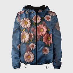 Куртка с капюшоном женская Хризантемы на джинсе, цвет: 3D-черный