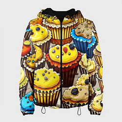 Куртка с капюшоном женская Вкусный принт - кексы от нейросети, цвет: 3D-черный