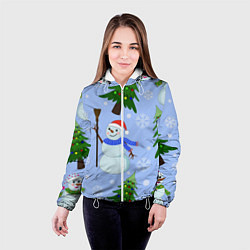 Куртка с капюшоном женская Снеговики с новогодними елками паттерн, цвет: 3D-белый — фото 2