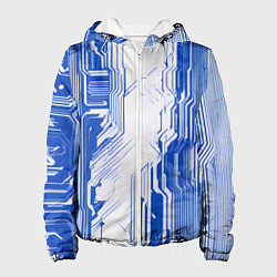 Куртка с капюшоном женская Синие линии на белом фоне киберпанк, цвет: 3D-белый