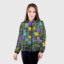 Куртка с капюшоном женская Разноцветные квадраты и белые полосы, цвет: 3D-черный — фото 2