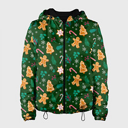 Куртка с капюшоном женская New year pattern with green background, цвет: 3D-черный