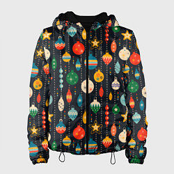 Куртка с капюшоном женская Новогодние ёлочные игрушки на черном фоне, цвет: 3D-черный