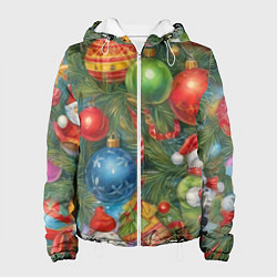 Куртка с капюшоном женская Новогодний принт на елке, цвет: 3D-белый