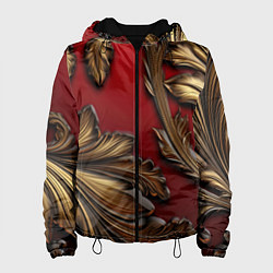 Куртка с капюшоном женская Золотые объемные листья на красном фоне, цвет: 3D-черный