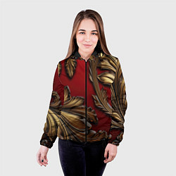 Куртка с капюшоном женская Золотые объемные листья на красном фоне, цвет: 3D-черный — фото 2