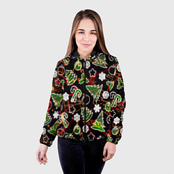 Куртка с капюшоном женская Ёлочные игрушки и ёлки, цвет: 3D-черный — фото 2