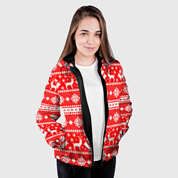 Куртка с капюшоном женская Новый год ели и олени на красном фоне, цвет: 3D-черный — фото 2