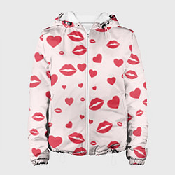 Куртка с капюшоном женская Поцелуйчики паттерн, цвет: 3D-белый