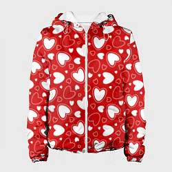 Куртка с капюшоном женская Белые сердечки на красном фоне, цвет: 3D-белый