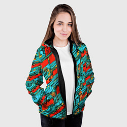 Куртка с капюшоном женская Голубые фрагменты на красном фоне, цвет: 3D-черный — фото 2