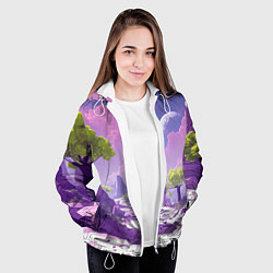 Куртка с капюшоном женская Фиолетовые горы зеленые деревья и космос, цвет: 3D-белый — фото 2