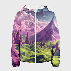 Куртка с капюшоном женская Геометрический зеленый пейзаж и фиолетовые горы, цвет: 3D-белый