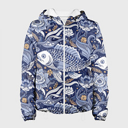 Куртка с капюшоном женская Рыба карп - синий корейский узор, цвет: 3D-белый