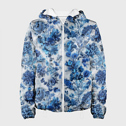 Куртка с капюшоном женская Цветочный сине-голубой узор, цвет: 3D-белый