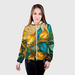 Куртка с капюшоном женская Листья абстрактные золото и бирюза, цвет: 3D-белый — фото 2