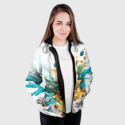Куртка с капюшоном женская Бирюзово голубая абстракция, брызги краски на бело, цвет: 3D-черный — фото 2