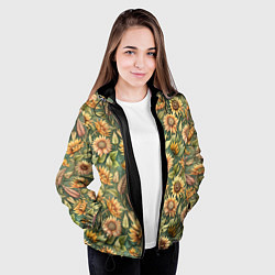 Куртка с капюшоном женская Желтые подсолнухи и пшеница, цвет: 3D-черный — фото 2