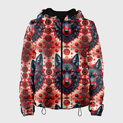 Куртка с капюшоном женская Серые волки на красном фоне, цвет: 3D-черный