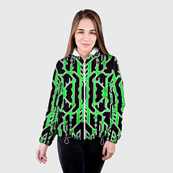 Куртка с капюшоном женская Техно зелёные линии с белой обводкой на чёрном фон, цвет: 3D-белый — фото 2