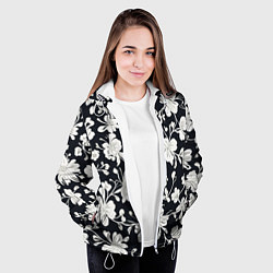 Куртка с капюшоном женская Патерн белых цветов на черном фоне, цвет: 3D-белый — фото 2