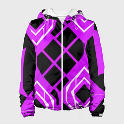 Куртка с капюшоном женская Чёрные квадраты и белые полосы на фиолетовом фоне, цвет: 3D-белый