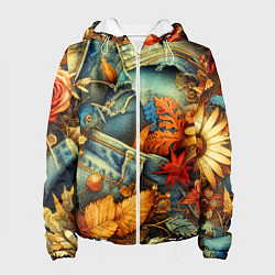 Куртка с капюшоном женская Композиция из цветов и рваной джинсы - нейросеть, цвет: 3D-белый