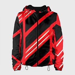 Куртка с капюшоном женская Чёрно-белые полосы на красном фоне, цвет: 3D-черный