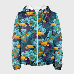 Куртка с капюшоном женская Узор цветы с туканом, цвет: 3D-белый