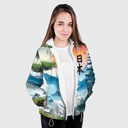 Куртка с капюшоном женская Восход красного солнца - Японский пейзаж, цвет: 3D-белый — фото 2