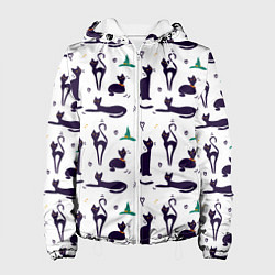 Куртка с капюшоном женская Узор из черных магических кошек, цвет: 3D-белый