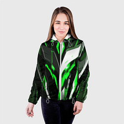 Куртка с капюшоном женская Зелёно-белая абстракция и чёрный фон, цвет: 3D-белый — фото 2