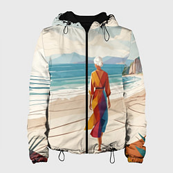 Куртка с капюшоном женская Летний пейзаж с женщиной на пляже, цвет: 3D-черный