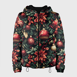 Куртка с капюшоном женская Паттерн с новогодними украшениями, цвет: 3D-черный