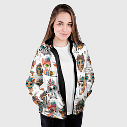 Куртка с капюшоном женская Зверушки индейцы цветной паттерн, цвет: 3D-черный — фото 2