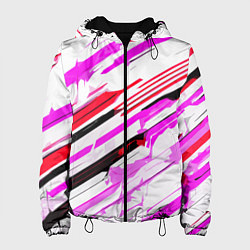 Куртка с капюшоном женская Красно-розово-чёрные полосы на белом фоне, цвет: 3D-черный