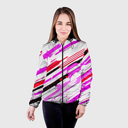 Куртка с капюшоном женская Красно-розово-чёрные полосы на белом фоне, цвет: 3D-черный — фото 2