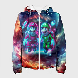 Куртка с капюшоном женская Марио и Луиджи в открытом космосе - неоновое свече, цвет: 3D-белый