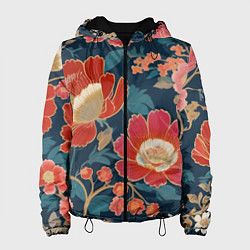 Куртка с капюшоном женская Искусство алые цветы, цвет: 3D-черный