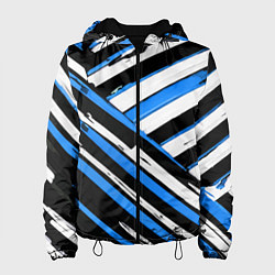Куртка с капюшоном женская Бело-синие диагональные полосы на чёрном фоне, цвет: 3D-черный