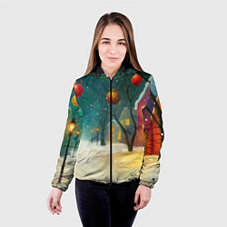 Куртка с капюшоном женская Новогодние шары и тропинка, цвет: 3D-черный — фото 2