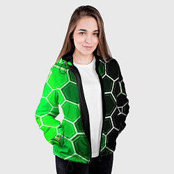 Куртка с капюшоном женская Белые шестиугольники на чёрно-зелёном фоне, цвет: 3D-черный — фото 2