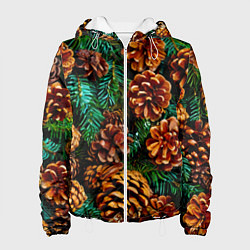 Куртка с капюшоном женская Елочные ветки с шишками, цвет: 3D-белый