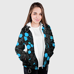 Куртка с капюшоном женская Сине-серые шестиугольники на чёрном фоне, цвет: 3D-белый — фото 2