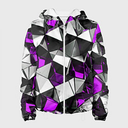 Куртка с капюшоном женская Фиолетово-белые рельефные треугольники на чёрном ф, цвет: 3D-белый