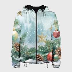 Куртка с капюшоном женская Золотые снежинки - новогодний фон, цвет: 3D-черный