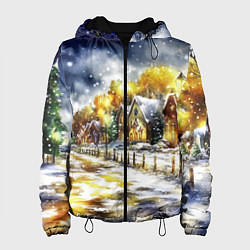 Куртка с капюшоном женская Новогодний пейзаж акварель, цвет: 3D-черный