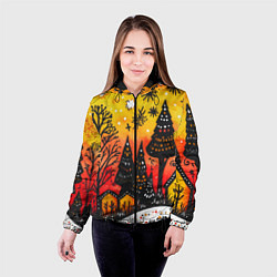 Куртка с капюшоном женская Елочки на фоне оранжевого неба, цвет: 3D-черный — фото 2